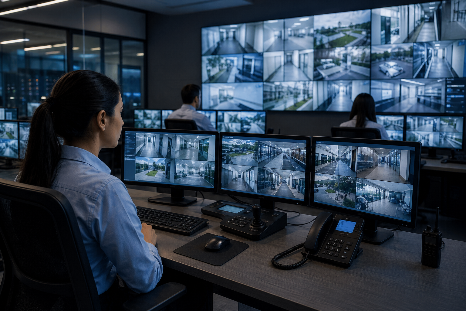 Área corporativa vigilada por cámaras CCTV y acceso controlado